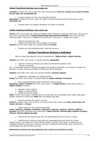 Polícia Rodoviária Federal
Apostila de Português para Concursos 125
Verbos Transitivos Indiretos, com a prep. em
Consistir é sempre VTI, com a prep. em. Esse verbo significa cifrar-se, resumir-se ou estar firmado,
ter por base, ser constituído por.
• O plano consiste em criar uma secretaria especial.
Sobressair é sempre VTI, com a prep. em. Não é verbo pronominal, portanto não existe o verbo
sobressair-se.
• Quando estava no colegial, sobressaía em todas as matérias.
Verbos Transitivos Indiretos, com a prep. por
Torcer é VTI, com a prep. por. Pode ser também verbo intransitivo. Somente neste caso, usa-se com a
prep. para, que dará início a Oração Subordinada Adverbial de Finalidade. Para ficar mais fácil,
memorize assim: Torcer por + substantivo ou pronome. Torcer para + oração (com verbo).
• Estamos torcendo por você.
• Estamos torcendo para você conseguir seu intento.
Chamar será VTI, com a prep. por, quando significar invocar.
• Chamei por você insistentemente, mas não me ouviu.
Verbos Transitivos Diretos e Indiretos
São os verbos que possuem os dois complementos - objeto direto e objeto indireto.
Chamar será VTDI, com a prep. a, quando significar repreender.
• Chamei o menino à atenção, pois estava conversando durante a aula.
• Chamei-o à atenção.
Obs.: A expressão Chamar a atenção de alguém não significa repreender, e sim fazer se notado. Por
exemplo: O cartaz chamava a atenção de todos que por ali passavam.
Implicar será VTDI, com a prep. em, quando significar envolver alguém.
• Implicaram o advogado em negócios ilícitos.
Custar será VTDI, com a prep. a, quando significar causar trabalho, transtorno.
• Sua irresponsabilidade custou sofrimento a toda a família.
Agradecer, Pagar e Perdoar são VTDI, com a prep. a. O objeto direto sempre será a coisa, e o
objeto indireto, a pessoa.
• Agradeci a ela o convite.
• Paguei a conta ao Banco.
• Perdôo os erros ao amigo.
Pedir é VTDI, com a prep. a. Sempre deve ser construído com a expressão Quem pede, pede algo a
alguém. Portanto é errado dizer Pedir para que alguém faça algo.
• Pedimos a todos que tragam os livros.
Preferir é sempre VTDI, com a prep. a. Com esse verbo, não se deve usar mais, muito mais, mil
vezes, nem que ou do que.
• Prefiro estar só a ficar mal-acompanhado.
Avisar, advertir, certificar, cientificar, comunicar, informar, lembrar, noticiar, notificar,
prevenir são VTDI, admitindo duas construções: Quem informa, informa algo a alguém ou Quem
informa, informa alguém de algo.
• Advertimos aos usuários que não nos responsabilizamos por furtos ou roubos.
• Advertimos os usuários de que não nos responsabilizamos por furtos ou roubos.
Quando houver, na oração, um verbo transitivo direto e indireto, com a prep. a, seguido de um
substantivo feminino, que exija o artigo a, ocorrerá o fenômeno denominado crase, que deve ser
caracterizado pelo acento grave (à ou às).
Advertimos às alunas que não poderiam usar a sala fora do horário de aula.
 