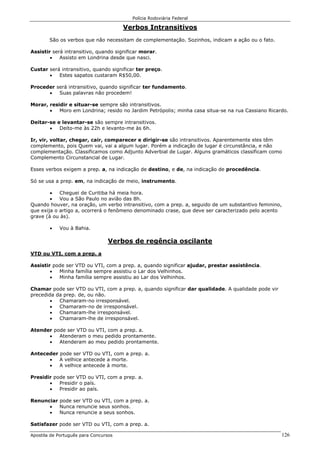 Polícia Rodoviária Federal
Apostila de Português para Concursos 126
Verbos Intransitivos
São os verbos que não necessitam de complementação. Sozinhos, indicam a ação ou o fato.
Assistir será intransitivo, quando significar morar.
• Assisto em Londrina desde que nasci.
Custar será intransitivo, quando significar ter preço.
• Estes sapatos custaram R$50,00.
Proceder será intransitivo, quando significar ter fundamento.
• Suas palavras não procedem!
Morar, residir e situar-se sempre são intransitivos.
• Moro em Londrina; resido no Jardim Petrópolis; minha casa situa-se na rua Cassiano Ricardo.
Deitar-se e levantar-se são sempre intransitivos.
• Deito-me às 22h e levanto-me às 6h.
Ir, vir, voltar, chegar, cair, comparecer e dirigir-se são intransitivos. Aparentemente eles têm
complemento, pois Quem vai, vai a algum lugar. Porém a indicação de lugar é circunstância, e não
complementação. Classificamos como Adjunto Adverbial de Lugar. Alguns gramáticos classificam como
Complemento Circunstancial de Lugar.
Esses verbos exigem a prep. a, na indicação de destino, e de, na indicação de procedência.
Só se usa a prep. em, na indicação de meio, instrumento.
• Cheguei de Curitiba há meia hora.
• Vou a São Paulo no avião das 8h.
Quando houver, na oração, um verbo intransitivo, com a prep. a, seguido de um substantivo feminino,
que exija o artigo a, ocorrerá o fenômeno denominado crase, que deve ser caracterizado pelo acento
grave (à ou às).
• Vou à Bahia.
Verbos de regência oscilante
VTD ou VTI, com a prep. a
Assistir pode ser VTD ou VTI, com a prep. a, quando significar ajudar, prestar assistência.
• Minha família sempre assistiu o Lar dos Velhinhos.
• Minha família sempre assistiu ao Lar dos Velhinhos.
Chamar pode ser VTD ou VTI, com a prep. a, quando significar dar qualidade. A qualidade pode vir
precedida da prep. de, ou não.
• Chamaram-no irresponsável.
• Chamaram-no de irresponsável.
• Chamaram-lhe irresponsável.
• Chamaram-lhe de irresponsável.
Atender pode ser VTD ou VTI, com a prep. a.
• Atenderam o meu pedido prontamente.
• Atenderam ao meu pedido prontamente.
Anteceder pode ser VTD ou VTI, com a prep. a.
• A velhice antecede a morte.
• A velhice antecede à morte.
Presidir pode ser VTD ou VTI, com a prep. a.
• Presidir o país.
• Presidir ao país.
Renunciar pode ser VTD ou VTI, com a prep. a.
• Nunca renuncie seus sonhos.
• Nunca renuncie a seus sonhos.
Satisfazer pode ser VTD ou VTI, com a prep. a.
 