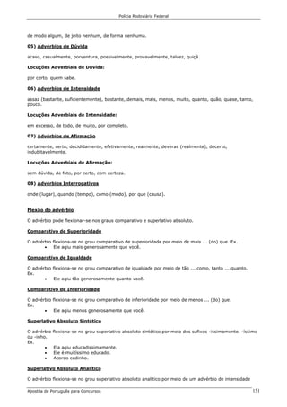 Polícia Rodoviária Federal
Apostila de Português para Concursos 151
de modo algum, de jeito nenhum, de forma nenhuma.
05) Advérbios de Dúvida
acaso, casualmente, porventura, possivelmente, provavelmente, talvez, quiçá.
Locuções Adverbiais de Dúvida:
por certo, quem sabe.
06) Advérbios de Intensidade
assaz (bastante, suficientemente), bastante, demais, mais, menos, muito, quanto, quão, quase, tanto,
pouco.
Locuções Adverbiais de Intensidade:
em excesso, de todo, de muito, por completo.
07) Advérbios de Afirmação
certamente, certo, decididamente, efetivamente, realmente, deveras (realmente), decerto,
indubitavelmente.
Locuções Adverbiais de Afirmação:
sem dúvida, de fato, por certo, com certeza.
08) Advérbios Interrogativos
onde (lugar), quando (tempo), como (modo), por que (causa).
Flexão do advérbio
O advérbio pode flexionar-se nos graus comparativo e superlativo absoluto.
Comparativo de Superioridade
O advérbio flexiona-se no grau comparativo de superioridade por meio de mais ... (do) que. Ex.
• Ele agiu mais generosamente que você.
Comparativo de Igualdade
O advérbio flexiona-se no grau comparativo de igualdade por meio de tão ... como, tanto ... quanto.
Ex.
• Ele agiu tão generosamente quanto você.
Comparativo de Inferioridade
O advérbio flexiona-se no grau comparativo de inferioridade por meio de menos ... (do) que.
Ex.
• Ele agiu menos generosamente que você.
Superlativo Absoluto Sintético
O advérbio flexiona-se no grau superlativo absoluto sintético por meio dos sufixos -issimamente, -íssimo
ou -inho.
Ex.
• Ela agiu educadissimamente.
• Ele é muitíssimo educado.
• Acordo cedinho.
Superlativo Absoluto Analítico
O advérbio flexiona-se no grau superlativo absoluto analítico por meio de um advérbio de intensidade
 
