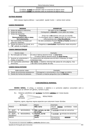Polícia Rodoviária Federal
Apostila de Português para Concursos 202
Entretanto:
A médica a qual nos atendeu está na empresa há alguns anos.
O médico o qual nos atendeu está na empresa há alguns anos.
OUTRAS REGRAS
Além dessas regras práticas — que podem ajudar muito — vamos rever outras:
CASOS PROIBIDOS
REGRAS EXEMPLOS
• Antes de palavra masculina; Ele está no Rio a serviço.
• Antes de verbo; Começaram a discutir o novo plano de metas.
• Antes de pronomes
Pessoais;
Demonstrativo esta e essa;
De tratamento.
Dirigi-me a ela apenas uma vez na reunião.
O empregado aspira a essa posição há muito tempo.
Informaremos isto a Sua Excelência.1
• Nas expressões formadas por
palavras repetidas;
Os dois candidatos ficaram frente a frente durante a
discussão.
• Diante de palavra no plural, se o
“A” estiver no singular.
Chegamos a conclusões importantes neste encontro.
CASOS OBRIGATÓRIOS
Ocorre crase: Exemplo:
• Na indicação de horas; A visita à fabrica deverá iniciar à uma hora.
A visita à fabrica deverá iniciar às duas horas.
• Quando se subentende à
moda, à maneira;
O restaurante da empresa servirá bife à milanesa (à moda
milanesa) hoje.
• Em expressões adverbiais
femininas.
Às vezes, o relatório informal não passa de uma página, mas
não deve nunca passar de três.
CASOS FACULTATIVOS
Pode ocorrer crase: Exemplo:
• Diante de pronomes possessivos: Entregaram a encomenda a (ou à) sua secretária.
• Diante de nomes de pessoas. Fizeram a mesma pergunta a (ou à) Patrícia.
CONCORDÂNCIA NOMINAL
REGRA GERAL: O artigo, o numeral, o adjetivo e o pronome adjetivo concordam com o
substantivo a que se referem em gênero, número e grau.
Ex.: Estamos satisfeitos com os bons resultados obtidos por nossa equipe.
OS
BONS RESULTADOS
OBTIDOS
Vejamos, agora, algumas regras especiais que costumam trazer dúvidas:
Se houver: Regra: Exemplo:
MENOS Não varia Houve menos candidatas neste
concurso.
“É BOM”, “É NECESSÁRIO, “É
PROIBIDO”
Não variam, se não
há artigo
É proibido entrada de estranhos
“É BOM”, “É NECESSÁRIO, “É
PROIBIDO”
Variam, se há
artigo
É proibida a entrada de estranhos.
ANEXO Varia Enviaremos anexos os
documentos.
1
Os pronomes de tratamento senhora e senhorita admitem crase.
 
