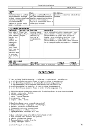 Polícia Rodoviária Federal
Apostila de Português para Concursos 215
ser + plural
CRASE
NÃO NÃO OPCIONAL
pronomes relativos verbos
artigo indefinido pronome
pessoal pronome indefinido
pronome interrogativo
locuções repetidas
preposição terra # bordo
casa = residência
locuções adverbiais femininas
locuções conjuntivas femininas
locuções prepositivas femininas
pronomes demonstrativos
conjunção proporcional horas à
moda nome de lugar
pronomes possessivos substantivos
próprios
COLOCAÇÃO PRONOMINAL
PRÓCLISE MESÓCLISE ÊNCLISE LOCUÇÕES
conj. subord.
pron. relativos
pron. interrog.
orações opt.
orações
exclam. adv.
preverbiais
negação
particípio
pron.. indef.
“em” + gerún.
Advérbios
(exceção: aqui
se arruma /
aqui, arruma-
se)
futuro do
pres. futuro
do pret.
início de oração
imperativas afirm.
gerúndio inf.
prec. de “a”
orações coord.
sind.
verbo principal no infinitivo ou gerúndio - com
palavra atrativa = “nas extremidades” - sem
palavra atrativa = após o princ. ou após o
auxiliar verbo principal no particípio - com
palavra atrativa = antes do auxiliar - sem
palavra atrativa = após auxiliar verbo principal
no fut. presente ou fut. do pretérito - mesóclise
USO DO PORQUE
POR QUE POR QUÊ PORQUE PORQUÊ
perguntas finalidade/motivo final de frase antes de pontuação resposta “o porquê”
EXERCÍCIOS
01 Dê o plural de: o pé-de-moleque ; a couve-flor ; o curto-circuito ; o guarda-civil
A) os pés-de-moleque; as couves-flores; os curtos-circuitos; os guardas-civis
B) os pés-de-moleques; as couves-flor; os curtos-circuitos; os guardas-civis
C) os pés-de-moleque; as couve-flores; os curto-circuitos; os guarda-civis
D) os pés-de-moleque; as couve-flor; os curto-circuitos; os guardas-civil
E) os pés-de-moleques; as couve-flores; os curtos-circuito; os guarda-civis
02 Identifique a alternativa cujos substantivos flexionam o gênero de uma mesma maneira:
A) pianista ; testemunha ; dentista
B) pessoa ; artista ; jacaré
C) mártir ; criança ; cientista
D) cobra ; peixe ; onça
E) cônjuge ; vítima ; cliente
03 Que frase não apresenta concordância nominal?
A) Escolheram má hora e lugar para a manifestação.
B) A criança vestia uma blusa verde-clara.
C) Estou quites com meus compromissos.
D) Seguem anexos os bilhetes aéreos.
E) A justiça declarou culpados o réu e a ré.
04 Qual a alternativa cuja concordância nominal está correta?
A) Nem uma nem outra maneiras me agradam.
B) Há uma e outra frutas podres.
C) Guardou bastante moedas de prata.
D) Cerveja é boa para a saúde.
 