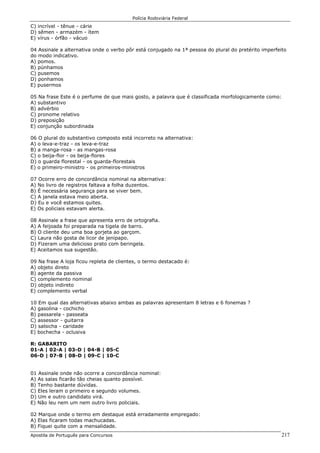 Polícia Rodoviária Federal
Apostila de Português para Concursos 217
C) incrível - tênue - cárie
D) sêmen - armazém - ítem
E) vírus - órfão - vácuo
04 Assinale a alternativa onde o verbo pôr está conjugado na 1ª pessoa do plural do pretérito imperfeito
do modo indicativo.
A) pomos.
B) púnhamos
C) pusemos
D) ponhamos
E) pusermos
05 Na frase Este é o perfume de que mais gosto, a palavra que é classificada morfologicamente como:
A) substantivo
B) advérbio
C) pronome relativo
D) preposição
E) conjunção subordinada
06 O plural do substantivo composto está incorreto na alternativa:
A) o leva-e-traz - os leva-e-traz
B) a manga-rosa - as mangas-rosa
C) o beija-flor - os beija-flores
D) o guarda florestal - os guarda-florestais
E) o primeiro-ministro - os primeiros-ministros
07 Ocorre erro de concordância nominal na alternativa:
A) No livro de registros faltava a folha duzentos.
B) É necessária segurança para se viver bem.
C) A janela estava meio aberta.
D) Eu e você estamos quites.
E) Os policiais estavam alerta.
08 Assinale a frase que apresenta erro de ortografia.
A) A feijoada foi preparada na tigela de barro.
B) O cliente deu uma boa gorjeta ao garçom.
C) Laura não gosta de licor de jenipapo.
D) Fizeram uma delicioso prato com beringela.
E) Aceitamos sua sugestão.
09 Na frase A loja ficou repleta de clientes, o termo destacado é:
A) objeto direto
B) agente da passiva
C) complemento nominal
D) objeto indireto
E) complemento verbal
10 Em qual das alternativas abaixo ambas as palavras apresentam 8 letras e 6 fonemas ?
A) gasolina - cochicho
B) passarela - passeata
C) assessor - guitarra
D) salsicha - caridade
E) bochecha - oclusiva
R: GABARITO
01-A | 02-A | 03-D | 04-B | 05-C
06-D | 07-B | 08-D | 09-C | 10-C
01 Assinale onde não ocorre a concordância nominal:
A) As salas ficarão tão cheias quanto possível.
B) Tenho bastante dúvidas.
C) Eles leram o primeiro e segundo volumes.
D) Um e outro candidato virá.
E) Não leu nem um nem outro livro policiais.
02 Marque onde o termo em destaque está erradamente empregado:
A) Elas ficaram todas machucadas.
B) Fiquei quite com a mensalidade.
 