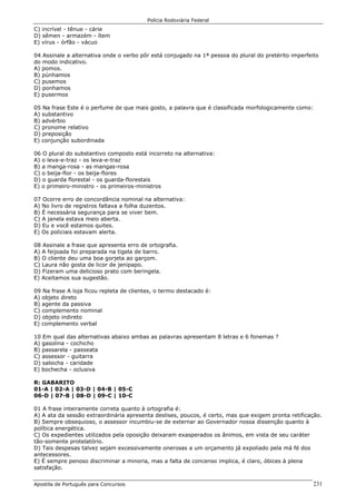 Polícia Rodoviária Federal
Apostila de Português para Concursos 231
C) incrível - tênue - cárie
D) sêmen - armazém - ítem
E) vírus - órfão - vácuo
04 Assinale a alternativa onde o verbo pôr está conjugado na 1ª pessoa do plural do pretérito imperfeito
do modo indicativo.
A) pomos.
B) púnhamos
C) pusemos
D) ponhamos
E) pusermos
05 Na frase Este é o perfume de que mais gosto, a palavra que é classificada morfologicamente como:
A) substantivo
B) advérbio
C) pronome relativo
D) preposição
E) conjunção subordinada
06 O plural do substantivo composto está incorreto na alternativa:
A) o leva-e-traz - os leva-e-traz
B) a manga-rosa - as mangas-rosa
C) o beija-flor - os beija-flores
D) o guarda florestal - os guarda-florestais
E) o primeiro-ministro - os primeiros-ministros
07 Ocorre erro de concordância nominal na alternativa:
A) No livro de registros faltava a folha duzentos.
B) É necessária segurança para se viver bem.
C) A janela estava meio aberta.
D) Eu e você estamos quites.
E) Os policiais estavam alerta.
08 Assinale a frase que apresenta erro de ortografia.
A) A feijoada foi preparada na tigela de barro.
B) O cliente deu uma boa gorjeta ao garçom.
C) Laura não gosta de licor de jenipapo.
D) Fizeram uma delicioso prato com beringela.
E) Aceitamos sua sugestão.
09 Na frase A loja ficou repleta de clientes, o termo destacado é:
A) objeto direto
B) agente da passiva
C) complemento nominal
D) objeto indireto
E) complemento verbal
10 Em qual das alternativas abaixo ambas as palavras apresentam 8 letras e 6 fonemas ?
A) gasolina - cochicho
B) passarela - passeata
C) assessor - guitarra
D) salsicha - caridade
E) bochecha - oclusiva
R: GABARITO
01-A | 02-A | 03-D | 04-B | 05-C
06-D | 07-B | 08-D | 09-C | 10-C
01 A frase inteiramente correta quanto à ortografia é:
A) A ata da sessão extraordinária apresenta deslises, poucos, é certo, mas que exigem pronta retificação.
B) Sempre obsequioso, o assessor incumbiu-se de externar ao Governador nossa dissenção quanto à
política energética.
C) Os expedientes utilizados pela oposição deixaram exasperados os ânimos, em vista de seu caráter
tão-somente protelatório.
D) Tais despesas talvez sejam excessivamente onerosas a um orçamento já expoliado pela má fé dos
antecessores.
E) É sempre penoso discriminar a minoria, mas a falta de concenso implica, é claro, óbices à plena
satisfação.
 