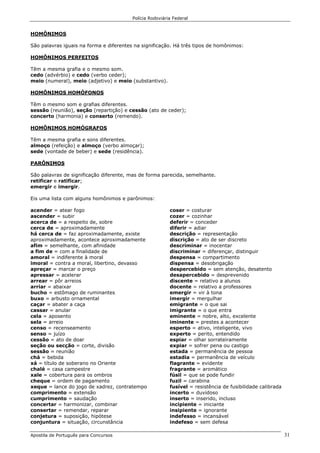 Polícia Rodoviária Federal
Apostila de Português para Concursos 31
HOMÔNIMOS
São palavras iguais na forma e diferentes na significação. Há três tipos de homônimos:
HOMÔNIMOS PERFEITOS
Têm a mesma grafia e o mesmo som.
cedo (advérbio) e cedo (verbo ceder);
meio (numeral), meio (adjetivo) e meio (substantivo).
HOMÔNIMOS HOMÓFONOS
Têm o mesmo som e grafias diferentes.
sessão (reunião), seção (repartição) e cessão (ato de ceder);
concerto (harmonia) e conserto (remendo).
HOMÔNIMOS HOMÓGRAFOS
Têm a mesma grafia e sons diferentes.
almoço (refeição) e almoço (verbo almoçar);
sede (vontade de beber) e sede (residência).
PARÔNIMOS
São palavras de significação diferente, mas de forma parecida, semelhante.
retificar e ratificar;
emergir e imergir.
Eis uma lista com alguns homônimos e parônimos:
acender = atear fogo
ascender = subir
acerca de = a respeito de, sobre
cerca de = aproximadamente
há cerca de = faz aproximadamente, existe
aproximadamente, acontece aproximadamente
afim = semelhante, com afinidade
a fim de = com a finalidade de
amoral = indiferente à moral
imoral = contra a moral, libertino, devasso
apreçar = marcar o preço
apressar = acelerar
arrear = pôr arreios
arriar = abaixar
bucho = estômago de ruminantes
buxo = arbusto ornamental
caçar = abater a caça
cassar = anular
cela = aposento
sela = arreio
censo = recenseamento
senso = juízo
cessão = ato de doar
seção ou secção = corte, divisão
sessão = reunião
chá = bebida
xá = título de soberano no Oriente
chalé = casa campestre
xale = cobertura para os ombros
cheque = ordem de pagamento
xeque = lance do jogo de xadrez, contratempo
comprimento = extensão
cumprimento = saudação
concertar = harmonizar, combinar
consertar = remendar, reparar
conjetura = suposição, hipótese
conjuntura = situação, circunstância
coser = costurar
cozer = cozinhar
deferir = conceder
diferir = adiar
descrição = representação
discrição = ato de ser discreto
descriminar = inocentar
discriminar = diferençar, distinguir
despensa = compartimento
dispensa = desobrigação
despercebido = sem atenção, desatento
desapercebido = desprevenido
discente = relativo a alunos
docente = relativo a professores
emergir = vir à tona
imergir = mergulhar
emigrante = o que sai
imigrante = o que entra
eminente = nobre, alto, excelente
iminente = prestes a acontecer
esperto = ativo, inteligente, vivo
experto = perito, entendido
espiar = olhar sorrateiramente
expiar = sofrer pena ou castigo
estada = permanência de pessoa
estadia = permanência de veículo
flagrante = evidente
fragrante = aromático
fúsil = que se pode fundir
fuzil = carabina
fusível = resistência de fusibilidade calibrada
incerto = duvidoso
inserto = inserido, incluso
incipiente = iniciante
insipiente = ignorante
indefesso = incansável
indefeso = sem defesa
 