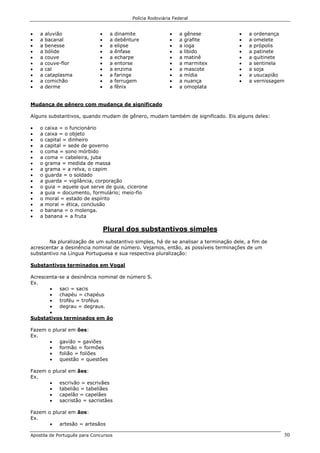 Polícia Rodoviária Federal
Apostila de Português para Concursos 50
• a aluvião
• a bacanal
• a benesse
• a bólide
• a couve
• a couve-flor
• a cal
• a cataplasma
• a comichão
• a derme
• a dinamite
• a debênture
• a elipse
• a ênfase
• a echarpe
• a entorse
• a enzima
• a faringe
• a ferrugem
• a fênix
• a gênese
• a grafite
• a ioga
• a libido
• a matinê
• a marmitex
• a mascote
• a mídia
• a nuança
• a omoplata
• a ordenança
• a omelete
• a própolis
• a patinete
• a quitinete
• a sentinela
• a soja
• a usucapião
• a vernissagem
Mudança de gênero com mudança de significado
Alguns substantivos, quando mudam de gênero, mudam também de significado. Eis alguns deles:
• o caixa = o funcionário
• a caixa = o objeto
• o capital = dinheiro
• a capital = sede de governo
• o coma = sono mórbido
• a coma = cabeleira, juba
• o grama = medida de massa
• a grama = a relva, o capim
• o guarda = o soldado
• a guarda = vigilância, corporação
• o guia = aquele que serve de guia, cicerone
• a guia = documento, formulário; meio-fio
• o moral = estado de espírito
• a moral = ética, conclusão
• o banana = o molenga.
• a banana = a fruta
Plural dos substantivos simples
Na pluralização de um substantivo simples, há de se analisar a terminação dele, a fim de
acrescentar a desinência nominal de número. Vejamos, então, as possíveis terminações de um
substantivo na Língua Portuguesa e sua respectiva pluralização:
Substantivos terminados em Vogal
Acrescenta-se a desinência nominal de número S.
Ex.
• saci = sacis
• chapéu = chapéus
• troféu = troféus
• degrau = degraus.
•
Substativos terminados em ão
Fazem o plural em ões:
Ex.
• gavião = gaviões
• formão = formões
• folião = foliões
• questão = questões
Fazem o plural em ães:
Ex.
• escrivão = escrivães
• tabelião = tabeliães
• capelão = capelães
• sacristão = sacristães
Fazem o plural em ãos:
Ex.
• artesão = artesãos
 