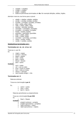 Polícia Rodoviária Federal
Apostila de Português para Concursos 51
• cidadão = cidadãos
• cristão = cristãos
• pagão = pagãos
• todas as paroxítonas terminadas em ão. Por exemplo bênçãos, sótãos, órgãos.
Admitem mais de uma forma para o plural:
• aldeão = aldeões, aldeães, aldeãos
• ancião = anciões, anciães, anciãos
• ermitão = ermitões, ermitães, ermitãos
• pião = piões, piães, piãos
• vilão = vilões, vilães, vilãos
• alcorão = alcorões, alcorães
• charlatão = charlatões, charlatães
• cirurgião = cirurgiões, cirurgiães
• faisão = faisões, faisães
• guardião = guardiões, guardiães
• peão = peões, peães
• anão = anões, anãos
• corrimão = corrimões, corrimãos
• verão = verões, verãos
• vulcão = vulcões, vulcãos
Substantivos terminados em L
Terminados em -al, -el, -ol ou -ul:
Troca-se o L por IS:
Ex.
• vogal = vogais
• animal = animais
• papel = papéis
• anel = anéis
• paiol = paióis
• álcool = álcoois
• paul = pauis
Cuidado:
• mal = males
• cal = cais ou cales
• aval = avais ou avales
• mel = méis ou meles
• cônsul = cônsules
• real (moeda antiga) = réis
Terminados em -il
Palavras oxítonas
Troca-se a terminação L por S
Ex.
• cantil = cantis
• canil = canis
• barril = barris
Palavras paroxítonas ou proparoxítonas
Troca-se a terminação IL por EIS
Ex.
• fóssil = fósseis
Cuidado:
• projetil (oxítona) = projetis
• projétil (paroxítona) = projéteis
• reptil (oxítona) = reptis
• réptil (paroxítona) = répteis
 