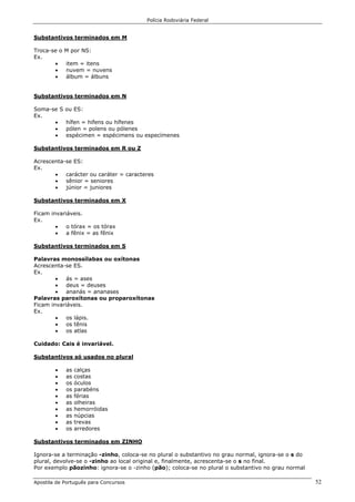 Polícia Rodoviária Federal
Apostila de Português para Concursos 52
Substantivos terminados em M
Troca-se o M por NS:
Ex.
• item = itens
• nuvem = nuvens
• álbum = álbuns
Substantivos terminados em N
Soma-se S ou ES:
Ex.
• hífen = hifens ou hífenes
• pólen = polens ou pólenes
• espécimen = espécimens ou especímenes
Substantivos terminados em R ou Z
Acrescenta-se ES:
Ex.
• carácter ou caráter = caracteres
• sênior = seniores
• júnior = juniores
Substantivos terminados em X
Ficam invariáveis.
Ex.
• o tórax = os tórax
• a fênix = as fênix
Substantivos terminados em S
Palavras monossílabas ou oxítonas
Acrescenta-se ES.
Ex.
• ás = ases
• deus = deuses
• ananás = ananases
Palavras paroxítonas ou proparoxítonas
Ficam invariáveis.
Ex.
• os lápis.
• os tênis
• os atlas
Cuidado: Cais é invariável.
Substantivos só usados no plural
• as calças
• as costas
• os óculos
• os parabéns
• as férias
• as olheiras
• as hemorróidas
• as núpcias
• as trevas
• os arredores
Substantivos terminados em ZINHO
Ignora-se a terminação -zinho, coloca-se no plural o substantivo no grau normal, ignora-se o s do
plural, devolve-se o -zinho ao local original e, finalmente, acrescenta-se o s no final.
Por exemplo pãozinho: ignora-se o -zinho (pão); coloca-se no plural o substantivo no grau normal
 