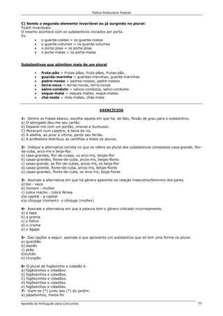 Polícia Rodoviária Federal
Apostila de Português para Concursos 55
C) Sendo o segundo elemento invariável ou já surgindo no plural:
Ficam invariáveis.
O mesmo acontece com os substantivos iniciados por porta.
Ex.
• o guarda-costas = os guarda-costas
• o guarda-volumes = os guarda-volumes
• o porta-jóias = os porta-jóias
• o porta-malas = os porta-malas
Substantivos que admitem mais de um plural
• fruta-pão = frutas-pães, fruta-pães, frutas-pão,
• guarda-marinha = guardas-marinhas, guarda-marinhas
• padre-nosso = padres-nossos, padre-nossos
• terra-nova = terras-novas, terra-novas
• salvo-conduto = salvos-condutos, salvo-condutos
• xeque-mate = xeques-mates, xeque-mates.
• chá-mate = chás-mates, chás-mate
EXERCÍCIOS
1- Dentre as frases abaixo, escolha aquela em que há, de fato, flexão de grau para o substantivo.
a) O advogado deu-me seu cartão.
b) Deparei-me com um portão, imenso e Suntuoso.
C) Moravam num casebre, à beira do rio.
d) A abelha, ao picar a vítima, perde seu ferrão.
e) A professora distribuiu as cartilhas a todos os alunos.
2- Indique a alternativa correta no que se refere ao plural dos substantivos compostos casa-grande, flor-
de-cuba, arco-íris e beija-flor.
a) casa-grandes, flor-de-cubas, os arco-íris, beijas-flor
b) casas-grandes, flores-de-cuba, arcos-íris, beijas-flores
c) casas-grande, as flor-de-cubas, arcos-íris, os beija-flor
d) casas-grande, flores-de-cuba, arcos-íris, beijas-flores
e) casas-grandes, flores-de-cuba, os arco-íris, beija-fiores
3- Assinale a alternativa em que há gênero aparente na relação masculino/feminino dos pares.
a) boi - vaca
b) homem - mulher
c) cobra macho - cobra fêmea
d)o capital - a capital
e)o cônjuge (homem)- o cônjuge (mulher)
4- Assinale a alternativa em que a palavra tem o gênero indicado incorretamente.
a) a tapa
b) a grama
c) o hélice
d) o crisma
e) o ágape
5- Das opções a seguir, assinale a que apresenta um substantivo que só tem uma forma no plural.
a) guardião
b) espião
c) peão
d)vulcão
e) cirurgião
6- O plural de fogãozinho e cidadão é:
a) fogãozinhos e cidadãos.
b) fogãosinhos e cidadãos.
C) fogõezinhos e cidadãos.
d) fogõezinhos e cidadões.
e) fogõesinhos e cidadões.
7- Viam-se (*) junto aos (*) do jardim.
a) papelsinhos, meios-fio
 