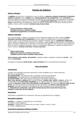 Polícia Rodoviária Federal
Apostila de Português para Concursos 65
Flexões do Adjetivo
Gênero e Número
O adjetivo concorda com o substantivo a que se refere em gênero e número (masculino e feminino;
singular e plural). Caso o adjetivo seja representado por um substantivo, ficará invariável, ou
seja, se a palavra que estiver qualificando um elemento for, originalmente, um substantivo, ela manterá
sua forma primitiva e passará a ser denominado de substantivo adjetivado. Por exemplo, a palavra
cinza é originalmente um substantivo, porém, se estiver qualificando um elemento, funcionará como
adjetivo. Ficará, então invariável. Camisas cinza, ternos cinza.
Ex.
Carros amarelos e motos vinho.
Telhados marrons e paredes musgo.
Espetáculos gigantescos e comícios monstro.
Adjetivo composto
Com raras exceções, o adjetivo composto tem seus elementos ligados por hífen. Apenas o último
elemento concorda com o substantivo a que se refere; os demais ficam na forma masculina,
singular. Caso um dos elementos que formam o adjetivo composto seja um substantivo adjetivado,
todo o adjetivo composto ficará invariável. Por exemplo, a palavra rosa é originalmente um substantivo,
porém, se estiver qualificando um elemento, funcionará como adjetivo. Caso se ligue a outra palavra por
hífen, formará um adjetivo composto; como é um substantivo adjetivado, o adjetivo composto inteiro
ficará invariável. Camisas rosa-claro. Ternos rosa-claro.
Ex.
Olhos verde-claros.
Calças azul-escuras e camisas verde-mar.
Telhados marrom-café e paredes verde-claras.
Azul-marinho, azul-celeste, ultravioleta e qualquer adjetivo composto iniciado por cor-de-... são
sempre invariáveis.
Os adjetivos compostos surdo-mudo e pele-vermelha têm os dois elementos flexionados.
Graus do Adjetivo
Comparativo
compara uma qualidade entre dois elementos ou duas qualidade de um mesmo elemento.
São três os comparativos:
de superioridade: Para alguns alunos, Português é mais fácil que Química.
de igualdade: Para alguns alunos, Português é tão fácil quanto Química.
de inferioridade: Para alguns alunos, Português é menos fácil que Química.
Bom, mau, grande e pequeno têm formas sintéticas (melhor, pior, maior e menor), porém, em
comparações feitas entre duas qualidades de um mesmo elemento, devem-se usar as formas
analíticas mais bom, mais mau, mais grande e mais pequeno. Por exemplo, Pedro é maior do que
Paulo, pois está-se fazendo a comparação de dois elementos, mas Pedro é mais grande que
pequeno, pois está-se fazendo a comparação de duas qualidades de um mesmo elemento.
Ex. Edmundo foi condenado, mas tenho certeza de que ele é mais bom do que mau.
Joaquim é mais bom do que esperto.
Superlativo
Engrandece a qualidade de um elemento. São dois os superlativos de um adjetivo:
Superlativo absoluto
analítico = o adjetivo é modificado por um advérbio:
Ex. Carla é muito inteligente.
sintético = quando há o acréscimo de um sufixo (-íssimo, -érrimo, -ílimo)
Ex. Carla é inteligentíssima.
Superlativos absolutos sintéticos eruditos
 