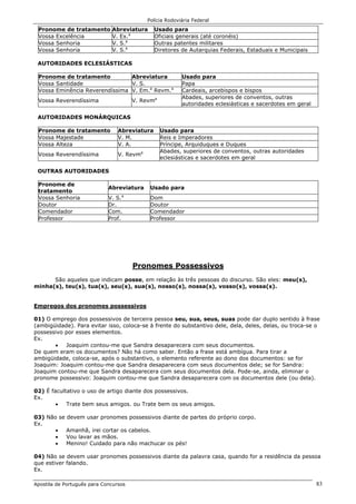 Polícia Rodoviária Federal
Apostila de Português para Concursos 83
Pronome de tratamento Abreviatura Usado para
Vossa Excelência V. Ex.a
Oficiais generais (até coronéis)
Vossa Senhoria V. S.a
Outras patentes militares
Vossa Senhoria V. S.a
Diretores de Autarquias Federais, Estaduais e Municipais
AUTORIDADES ECLESIÁSTICAS
Pronome de tratamento Abreviatura Usado para
Vossa Santidade V. S. Papa
Vossa Eminência Reverendíssima V. Em.a
Revm.a
Cardeais, arcebispos e bispos
Vossa Reverendíssima V. Revma Abades, superiores de conventos, outras
autoridades eclesiásticas e sacerdotes em geral
AUTORIDADES MONÁRQUICAS
Pronome de tratamento Abreviatura Usado para
Vossa Majestade V. M. Reis e Imperadores
Vossa Alteza V. A. Príncipe, Arquiduques e Duques
Vossa Reverendíssima V. Revma Abades, superiores de conventos, outras autoridades
eclesiásticas e sacerdotes em geral
OUTRAS AUTORIDADES
Pronome de
tratamento
Abreviatura Usado para
Vossa Senhoria V. S.a
Dom
Doutor Dr. Doutor
Comendador Com. Comendador
Professor Prof. Professor
Pronomes Possessivos
São aqueles que indicam posse, em relação às três pessoas do discurso. São eles: meu(s),
minha(s), teu(s), tua(s), seu(s), sua(s), nosso(s), nossa(s), vosso(s), vossa(s).
Empregos dos pronomes possessivos
01) O emprego dos possessivos de terceira pessoa seu, sua, seus, suas pode dar duplo sentido à frase
(ambigüidade). Para evitar isso, coloca-se à frente do substantivo dele, dela, deles, delas, ou troca-se o
possessivo por esses elementos.
Ex.
• Joaquim contou-me que Sandra desaparecera com seus documentos.
De quem eram os documentos? Não há como saber. Então a frase está ambígua. Para tirar a
ambigüidade, coloca-se, após o substantivo, o elemento referente ao dono dos documentos: se for
Joaquim: Joaquim contou-me que Sandra desaparecera com seus documentos dele; se for Sandra:
Joaquim contou-me que Sandra desaparecera com seus documentos dela. Pode-se, ainda, eliminar o
pronome possessivo: Joaquim contou-me que Sandra desaparecera com os documentos dele (ou dela).
02) É facultativo o uso de artigo diante dos possessivos.
Ex.
• Trate bem seus amigos. ou Trate bem os seus amigos.
03) Não se devem usar pronomes possessivos diante de partes do próprio corpo.
Ex.
• Amanhã, irei cortar os cabelos.
• Vou lavar as mãos.
• Menino! Cuidado para não machucar os pés!
04) Não se devem usar pronomes possessivos diante da palavra casa, quando for a residência da pessoa
que estiver falando.
Ex.
 