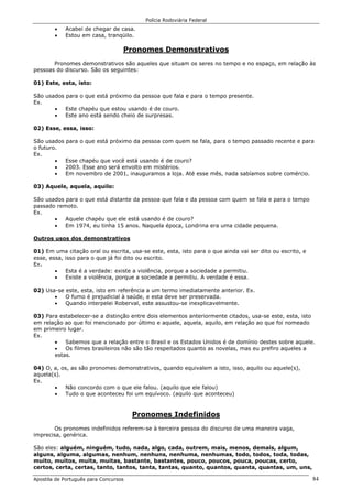 Polícia Rodoviária Federal
Apostila de Português para Concursos 84
• Acabei de chegar de casa.
• Estou em casa, tranqüilo.
Pronomes Demonstrativos
Pronomes demonstrativos são aqueles que situam os seres no tempo e no espaço, em relação às
pessoas do discurso. São os seguintes:
01) Este, esta, isto:
São usados para o que está próximo da pessoa que fala e para o tempo presente.
Ex.
• Este chapéu que estou usando é de couro.
• Este ano está sendo cheio de surpresas.
02) Esse, essa, isso:
São usados para o que está próximo da pessoa com quem se fala, para o tempo passado recente e para
o futuro.
Ex.
• Esse chapéu que você está usando é de couro?
• 2003. Esse ano será envolto em mistérios.
• Em novembro de 2001, inauguramos a loja. Até esse mês, nada sabíamos sobre comércio.
03) Aquele, aquela, aquilo:
São usados para o que está distante da pessoa que fala e da pessoa com quem se fala e para o tempo
passado remoto.
Ex.
• Aquele chapéu que ele está usando é de couro?
• Em 1974, eu tinha 15 anos. Naquela época, Londrina era uma cidade pequena.
Outros usos dos demonstrativos
01) Em uma citação oral ou escrita, usa-se este, esta, isto para o que ainda vai ser dito ou escrito, e
esse, essa, isso para o que já foi dito ou escrito.
Ex.
• Esta é a verdade: existe a violência, porque a sociedade a permitiu.
• Existe a violência, porque a sociedade a permitiu. A verdade é essa.
02) Usa-se este, esta, isto em referência a um termo imediatamente anterior. Ex.
• O fumo é prejudicial à saúde, e esta deve ser preservada.
• Quando interpelei Roberval, este assustou-se inexplicavelmente.
03) Para estabelecer-se a distinção entre dois elementos anteriormente citados, usa-se este, esta, isto
em relação ao que foi mencionado por último e aquele, aquela, aquilo, em relação ao que foi nomeado
em primeiro lugar.
Ex.
• Sabemos que a relação entre o Brasil e os Estados Unidos é de domínio destes sobre aquele.
• Os filmes brasileiros não são tão respeitados quanto as novelas, mas eu prefiro aqueles a
estas.
04) O, a, os, as são pronomes demonstrativos, quando equivalem a isto, isso, aquilo ou aquele(s),
aquela(s).
Ex.
• Não concordo com o que ele falou. (aquilo que ele falou)
• Tudo o que aconteceu foi um equívoco. (aquilo que aconteceu)
Pronomes Indefinidos
Os pronomes indefinidos referem-se à terceira pessoa do discurso de uma maneira vaga,
imprecisa, genérica.
São eles: alguém, ninguém, tudo, nada, algo, cada, outrem, mais, menos, demais, algum,
alguns, alguma, algumas, nenhum, nenhuns, nenhuma, nenhumas, todo, todos, toda, todas,
muito, muitos, muita, muitas, bastante, bastantes, pouco, poucos, pouca, poucas, certo,
certos, certa, certas, tanto, tantos, tanta, tantas, quanto, quantos, quanta, quantas, um, uns,
 