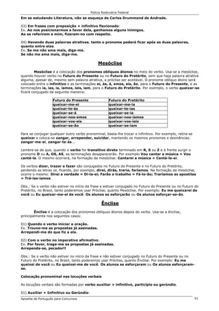 Polícia Rodoviária Federal
Apostila de Português para Concursos 91
Em se estudando Literatura, não se esqueça de Carlos Drummond de Andrade.
03) Em frases com preposição + infinitivo flexionado:
Ex. Ao nos posicionarmos a favor dela, ganhamos alguns inimigos.
Ao se referirem a mim, fizeram-no com respeito.
04) Havendo duas palavras atrativas, tanto o pronome poderá ficar após as duas palavras,
quanto entre elas.
Ex. Se me não ama mais, diga-me.
Se não me ama mais, diga-me.
Mesóclise
Mesóclise é a colocação dos pronomes oblíquos átonos no meio do verbo. Usa-se a mesóclise,
quando houver verbo no Futuro do Presente ou no Futuro do Pretérito, sem que haja palavra atrativa
alguma, apesar de, mesmo sem palavra atrativa, a próclise ser aceitável. O pronome oblíquo átono será
colocado entre o infinitivo e as terminações ei, ás, á, emos, eis, ão, para o Futuro do Presente, e as
terminações ia, ias, ia, íamos, íeis, iam, para o Futuro do Pretérito. Por exemplo, o verbo queixar-se
ficará conjugado da seguinte maneira:
Futuro do Presente Futuro do Pretérito
queixar-me-ei queixar-me-ia
queixar-te-ás queixar-te-ias
queixar-se-á queixar-se-ia
queixar-nos-emos queixar-nos-íamos
queixar-vos-eis queixar-vos-íeis
queixar-se-ão queixar-se-iam
Para se conjugar qualquer outro verbo pronominal, basta-lhe trocar o infinitivo. Por exemplo, retira-se
queixar e coloca-se zangar, arrepender, suicidar, mantendo os mesmos pronomes e desinências:
zangar-me-ei, zangar-te-ás...
Lembre-se de que, quando o verbo for transitivo direto terminado em R, S ou Z e à frente surgir o
pronome O ou A, OS, AS, as terminações desaparecerão. Por exemplo Vou cantar a música = Vou
cantá-la. O mesmo ocorrerá, na formação da mesóclise: Cantarei a música = Cantá-la-ei.
Os verbos dizer, trazer e fazer são conjugados no Futuro do Presente e no Futuro do Pretérito,
perdendo as letras ze, ficando, por exemplo, direi, dirás, traria, faríamos. Na formação da mesóclise,
ocorre o mesmo: Direi a verdade = Di-la-ei; Farão o trabalho = Fá-lo-ão; Traríamos as apostilas
= Trá-las-íamos.
Obs.: Se o verbo não estiver no início da frase e estiver conjugado no Futuro do Presente ou no Futuro do
Pretérito, no Brasil, tanto poderemos usar Próclise, quanto Mesóclise. Por exemplo: Eu me queixarei de
você ou Eu queixar-me-ei de você. Os alunos se esforçarão ou Os alunos esforçar-se-ão.
Ênclise
Ênclise é a colocação dos pronomes oblíquos átonos depois do verbo. Usa-se a ênclise,
principalmente nos seguintes casos:
01) Quando o verbo iniciar a oração.
Ex. Trouxe-me as propostas já assinadas.
Arrependi-me do que fiz a ela.
02) Com o verbo no imperativo afirmativo.
Ex. Por favor, traga-me as propostas já assinadas.
Arrependa-se, pecador!!
Obs.: Se o verbo não estiver no início da frase e não estiver conjugado no Futuro do Presente ou no
Futuro do Pretérito, no Brasil, tanto poderemos usar Próclise, quanto Ênclise. Por exemplo: Eu me
queixei de você ou Eu queixei-me de você. Os alunos se esforçaram ou Os alunos esforçaram-
se.
Colocação pronominal nas locuções verbais
As locuções verbais são formadas por verbo auxiliar + infinitivo, particípio ou gerúndio.
01) Auxiliar + Infinitivo ou Gerúndio:
 