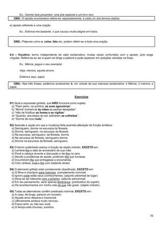 70
Ex.: Ganhei dois presentes: uma jóia especial e um livro raro.
OBS.: O aposto enumerativo refere-se, separadamente, a cada um dos termos citados.
e) aposto referente a uma oração
Ex.: Esforcei-me bastante, o que causou muita alegria em todos.
OBS.: Palavras como o, coisa, fato etc. podem referir-se a toda uma oração.
6.4 – Vocativo: termo independente de valor exclamativo, muitas vezes confundido com o aposto, pois exige
vírgulas. Refere-se ao ser a quem se dirige a palavra e pode aparecer em posições variadas na frase.
Ex.: Márcia, pegue o seu exemplar.
Veja, menina, aquela árvore.
Estamos aqui, papai.
OBS.: Nas três frases, podemos acrescentar ó, em virtude de sua natureza exclamativa: ó Márcia, ó menina, ó
papai.
Exercícios
01) Qual a expressão grifada, que NÃO funciona como sujeito:
a) “Piam perto, na sombra, as aves agoureiras”.
b) “Morre! morrem-te às mãos as pedras desejadas”.
c) “Hão de frutificar as fomes e as vigílias”.
d) “Quando, aos beijos do sol, sobrarem as colheitas”.
e) “Dorme de novo tudo”.
02) Assinale a opção em que a mudança feita acarreta alteração de função sintática:
a) Seringueiro, dorme na escureza da floresta.
b) Dorme, seringueiro, na escureza da floresta.
c) Na escureza, seringueiro, da floresta, dorme.
d) Na escureza da floresta, seringueiro dorme.
e) Dorme na escureza da floresta, seringueiro.
03) O termo sublinhado exerce a função de objeto indireto, EXCETO em:
a) Lembrei-lhe a data de aniversário de sua mãe.
b) Perdi a cabeça durante a discussão e dei-lhe na cara.
c) Devido a problemas de saúde, proibiram-lhe que fumasse.
d) Incumbiram-lhe que entregasse a encomenda.
e) Com certeza, pagou-lhe com bastante atraso
04) O elemento grifado está corretamente classificado, EXCETO em:
a) O filme é impróprio para menores. (complemento nominal)
b) Ignoro onde estão seus conhecimentos. (adjunto adverbial de lugar)
c) Deve-se ser tolerante com o próximo. (adjunto adnominal)
d) Em teu pensamento, serei apenas lembrança. (predicativo do sujeito)
e) Há acontecimentos em minha vida de que não gosto. (objeto indireto)
05) Todas as alternativas contêm predicado nominal, EXCETO em:
a) A casa, de longe, parecia um monstro.
b) Aquele amor deixava-o insensível.
c) Ultimamente andava muito nervoso.
d) Fique certo: eu não sou você.
e) O tempo está chuvoso, sombrio.
 