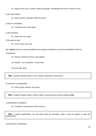 69
Ex.: Apesar do frio, tirou a camisa. (Idéia de oposição: normalmente não se tira a camisa no frio)
o) De conformidade
Ex.: Agiu conforme a situação. (Idéia de acordo)
p) De fim ou finalidade
Ex.: Trabalhava para o bem geral.
q) De companhia
Ex.: Voltei com meu amigo.
r) De preço ou valor
Ex.: O livro custou cem reais.
6.3 – Aposto: termo de natureza explicativa que se liga ao substantivo ou pronome substantivo. Pode ser:
a) explicativo
Ex.: Raquel, contadora da firma, está viajando.
Um trabalho − tua monografia − foi premiado.
Só queria algo: apoio.
OBS.: O aposto explicativo pode vir com vírgulas, travessões ou dois-pontos.
b) resumitivo ou recapitulativo
Ex.: Glória, poder, dinheiro, tudo passa.
OBS.: O sujeito composto “glória, dinheiro, poder” é resumido pelo pronome indefinido tudo.
c) especificativo ou apelativo
Ex.: O estado é cortado pelo rio São Francisco.
OBS.: O aposto especificativo, que não pede sinais de pontuação, indica o nome de alguém ou algo dito
anteriormente.
d) enumerativo ou distributivo
 