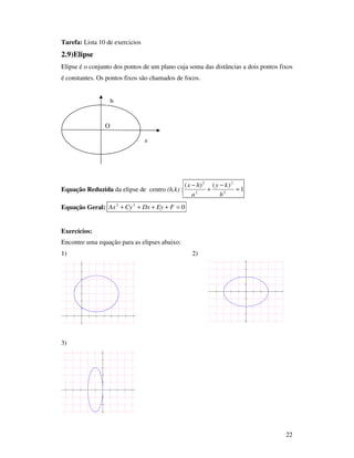 22
Tarefa: Lista 10 de exercicios
2.9)Elipse
Elipse é o conjunto dos pontos de um plano cuja soma das distâncias a dois pontos fixos
é constantes. Os pontos fixos são chamados de focos.
Equação Reduzida da elipse de centro (h,k) : 1
)()(
2
2
2
2
=
−
+
−
b
ky
a
hx
Equação Geral: 022
=++++ FEyDxCyAx
Exercícios:
Encontre uma equação para as elipses abaixo:
1) 2)
3)
O
a
b
 