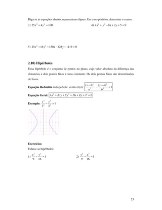 23
Diga se as equações abaixo, representam elipses. Em caso positivo, determine o centro.
3) 100425 22
=+ yx 4) 05284 22
=++−+ yxyx
5) 011191281501625 22
=−−++ yxyx
2.10) Hipérboles
Uma hipérbole é o conjunto de pontos no plano, cujo valor absoluto da diferença das
distancias a dois pontos fixos é uma constante. Os dois pontos fixos são denominados
de focos.
Equação Reduzida da hipérbole centro (h,k) : 1
)()(
2
2
2
2
=
−
−
−
b
ky
a
hx
Equação Geral: 022
=+++++ FEyDxCyBxyAx
Exemplo: 1
22 2
2
2
2
=−
yx
Exercícios:
Esboce as hipérboles:
1) 1
169
22
=−
yx
2) 1
169
22
=−
xy
 
