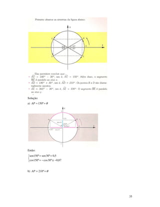 35
Solução:
a) θ== º150AP
Então:



−≅−=
==
87,0º30cosº150cos
5,0º30senº150sen
b) θ== º210AP
 