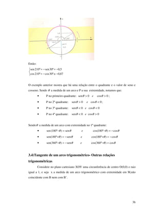 36
Então:



−≅−=
−=−=
87,0º30cosº210cos
5,0º30senº210sen
O exemplo anterior mostra que há uma relação entre o quadrante e o valor de seno e
cosseno. Sendo θ a medida de um arco e P a sua extremidade, notamos que:
• P no primeiro quadrante: ;0cos0sen >> θθ e
• P no 2º quadrante: 0cos0sen <> θθ e ;
• P no 3º quadrante: 0cos0sen << θθ e
• P no 4º quadrante: 0cos0sen >< θθ e
Sendoθ a medida de um arco com extremidade no 1º quadrante:
• θθθθ cos)º180cos(sen)º180(sen −=−=− e
• θθθθ cos)º180cos(sen)º180sen( −=+−=+ e
• θθθθ cos)º360cos(sen)º360sen( =−−=− e
3.4)Tangente de um arco trigonométrico- Outras relações
trigonométricas
Considere no plano cartesiano XOY uma circunferência de centro O(0,0) e raio
igual a 1, e seja x a medida de um arco trigonométrico com extremidade em M,não
coincidente com B nem com B’.
 
