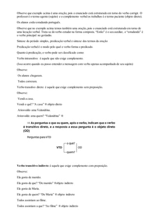 Observe que exemplo acima é uma oração, pois o enunciado está estruturado em torno do verbo corrigir. O
professor é o termo agente (sujeito) e o complemento verbal os trabalhos é o termo paciente (objeto direto).
Os alunos estão estudando português.
Observe que no exemplo acima temos também uma oração, pois o enunciado está estruturado em torno de
uma locução verbal. Trata-se do verbo estudar na forma composta. “Estão” é o seu auxiliar, e “estudando” é
o verbo principal no gerúndio.
Sintaxe do período simples, predicação verbal e sintaxe dos termos da oração
Predicação verbalé o modo pelo qual o verbo forma o predicado.
Quanto à predicação, o verbo pode ser classificado como:
Verbo intransitivo: é aquele que não exige complemento.
(Isso ocorre quando eu posso entender a mensagem com verbo apenas acompanhado de seu sujeito)
Observe:
Os alunos chegaram.
Todos correram.
Verbo transitivo direto: é aquele que exige complemento sem preposição.
Observe:
Vendi a casa.
Vendi o quê? “A casa” ® objeto direto
Ariosvaldo ama Valandrina.
Ariosvaldo ama quem? “Valandrina” ®
Verbo transitivo indireto:é aquele que exige complemento com preposição.
Observe:
Ela gosta de mamão.
Ela gosta de que? “De mamão” ®objeto indireto
Ele gosta de Maria.
Ele gosta de quem? “De Maria” ® objeto indireto
Todos assistiam ao filme.
Todos assistiam a que? “Ao filme” ® objeto indireto
 