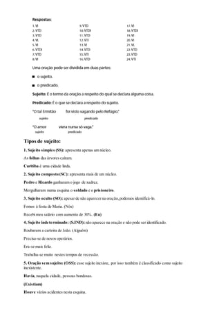 Tipos de sujeito:
1. Sujeito simples (SS): apresenta apenas um núcleo.
As folhas das árvores caíram.
Curitiba é uma cidade linda.
2. Sujeito composto (SC): apresenta mais de um núcleo.
Pedro e Ricardo ganharam o jogo de xadrez.
Mergulharam numa esquina o soldado e o prisioneiro.
3. Sujeito oculto (SO): apesar de não aparecerna oração,podemos identificá-lo.
Fomos à festa de Maria. (Nós)
Recebimeu salário com aumento de 30%. (Eu)
4. Sujeito indeterminado: (S.IND): não aparece na oração e não pode ser identificado.
Roubaram a carteira de João. (Alguém)
Precisa-se de novos operários.
Era-se mais feliz.
Trabalha-se muito nestes tempos de recessão.
5. Oração sem sujeito: (OSS): esse sujeito inexiste, por isso também é classificado como sujeito
inexistente.
Havia, naquela cidade, pessoas bondosas.
(Existiam)
Houve vários acidentes nesta esquina.
 