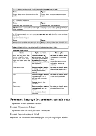Pronomes Emprego dos pronomes pessoais retos
Os pronomes tu e vós podem ser vocativos.
Exemplo “Ó tu, que vens de longe!
Os pronomes retos funcionam geralmente como sujeito.
Exemplo Ele assistiu ao jogo de futebol.
O pronome vós raramente é usado na linguagem coloquial do português do Brasil.
 