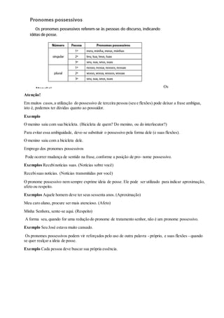 Os
Atenção!
Em muitos casos,a utilização do possessivo de terceira pessoa (seu e flexões) pode deixar a frase ambígua,
isto é, podemos ter dúvidas quanto ao possuidor.
Exemplo
O menino saiu com sua bicicleta. (Bicicleta de quem? Do menino, ou do interlocutor?)
Para evitar essa ambiguidade, deve-se substituir o possessivo pela forma dele (e suas flexões).
O menino saiu com a bicicleta dele.
Emprego dos pronomes possessivos
Pode ocorrer mudança de sentido na frase,conforme a posição de pro- nome possessivo.
Exemplos Recebinotícias suas. (Notícias sobre você)
Recebisuas notícias. (Notícias transmitidas por você)
O pronome possessivo nem sempre exprime ideia de posse. Ele pode ser utilizado para indicar aproximação,
afeto ou respeito.
Exemplos Aquele homem deve ter seus sessenta anos. (Aproximação)
Meu caro aluno, procure ser mais atencioso. (Afeto)
Minha Senhora, sente-se aqui. (Respeito)
A forma seu, quando for uma redução do pronome de tratamento senhor, não é um pronome possessivo.
Exemplo Seu José estava muito cansado.
Os pronomes possessivos podem vir reforçados pelo uso de outra palavra - próprio, e suas flexões - quando
se quer realçar a ideia de posse.
Exemplo Cada pessoa deve buscar sua própria essência.
 