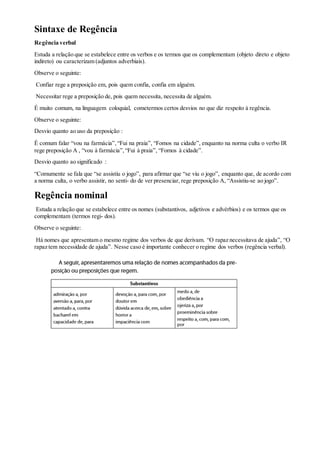 Sintaxe de Regência
Regência verbal
Estuda a relação que se estabelece entre os verbos e os termos que os complementam (objeto direto e objeto
indireto) ou caracterizam (adjuntos adverbiais).
Observe o seguinte:
Confiar rege a preposição em, pois quem confia, confia em alguém.
Necessitar rege a preposição de, pois quem necessita, necessita de alguém.
É muito comum, na linguagem coloquial, cometermos certos desvios no que diz respeito à regência.
Observe o seguinte:
Desvio quanto ao uso da preposição :
É comum falar “vou na farmácia”,“Fui na praia”, “Fomos na cidade”, enquanto na norma culta o verbo IR
rege preposição A , “vou à farmácia”,“Fui à praia”, “Fomos à cidade”.
Desvio quanto ao significado :
“Comumente se fala que “se assistiu o jogo”, para afirmar que “se viu o jogo”, enquanto que, de acordo com
a norma culta, o verbo assistir, no senti- do de ver presenciar, rege preposição A, “Assistiu-se ao jogo”.
Regência nominal
Estuda a relação que se estabelece entre os nomes (substantivos, adjetivos e advérbios) e os termos que os
complementam (termos regi- dos).
Observe o seguinte:
Há nomes que apresentam o mesmo regime dos verbos de que derivam. “O rapaz necessitava de ajuda”, “O
rapaz tem necessidade de ajuda”. Nesse caso é importante conhecer o regime dos verbos (regência verbal).
 