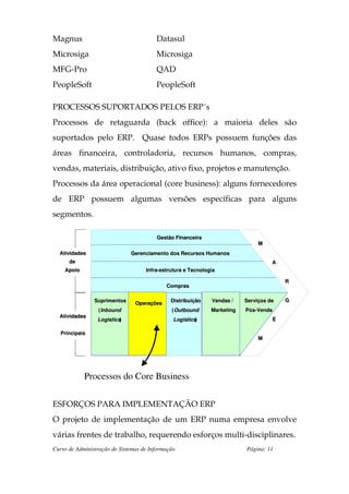 Magnus                                  Datasul
Microsiga                               Microsiga
MFG-Pro                                 QAD
PeopleSoft                              PeopleSoft

PROCESSOS SUPORTADOS PELOS ERP´s
Processos de retaguarda (back office): a maioria deles são
suportados pelo ERP. Quase todos ERPs possuem funções das
áreas financeira, controladoria, recursos humanos, compras,
vendas, materiais, distribuição, ativo fixo, projetos e manutenção.
Processos da área operacional (core business): alguns fornecedores
de ERP possuem algumas versões específicas para alguns
segmentos.

                                        Gestão Financeira
                                                                               M
  Atividades                  Gerenciamento dos Recursos Humanos
      de                                                                            A
    Apoio                           Infra-estrutura e Tecnologia

                                                                                        R
                                            Compras

                Suprimentos                   Distribuição    Vendas /    Serviços de   G
                                Operações
                 ( Inbound                    ( Outbound      Marketing   Pós-Venda
  Atividades
                          )
                 Logistics)
                 Logistics                              )
                                               Logistics)
                                               Logistics                            E

   Principais
                                                                               M




            Processos do Core Business

ESFORÇOS PARA IMPLEMENTAÇÃO ERP
O projeto de implementação de um ERP numa empresa envolve
várias frentes de trabalho, requerendo esforços multi-disciplinares.
Curso de Administração de Sistemas de Informação                          Página: 11
 