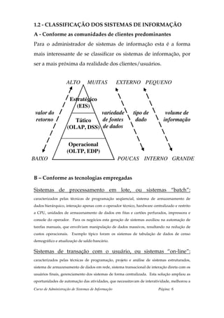 1.2 - CLASSIFICAÇÃO DOS SISTEMAS DE INFORMAÇÃO
A - Conforme as comunidades de clientes predominantes
Para o administrador de sistemas de informação esta é a forma
mais interessante de se classificar os sistemas de informação, por
ser a mais próxima da realidade dos clientes/usuários.


                   ALTO         MUITAS             EXTERNO PEQUENO


                     Estratégico
                        (EIS)
 valor do                       variedade                 tipo de            volume de
 retorno               Tático   de fontes                  dado             informação
                    (OLAP, DSS) de dados


                     Operacional
                    (OLTP, EDP)
BAIXO                                              POUCAS INTERNO GRANDE


B – Conforme as tecnologias empregadas

Sistemas de processamento em lote, ou sistemas “batch”:
caracterizados pelas técnicas de programação seqüencial, sistema de armazenamento de
dados hierárquico, interação apenas com o operador técnico, hardware centralizado e restrito
a CPU, unidades de armazenamento de dados em fitas e cartões perfurados, impressora e
console do operador. Para os negócios esta geração de sistemas auxiliou na automação de
tarefas manuais, que envolviam manipulação de dados massivos, resultando na redução de
custos operacionais. Exemplo típico foram os sistemas de tabulação de dados de censo
demográfico e atualização de saldo bancário.

Sistemas de transação com o usuário, ou sistemas “on-line”:
caracterizados pelas técnicas de programação, projeto e análise de sistemas estruturados,
sistema de armazenamento de dados em rede, sistema transacional de interação direta com os
usuários finais, gerenciamento dos sistemas de forma centralizada. Esta solução ampliou as
oportunidades de automação das atividades, que necessitavam de interatividade, melhorou a

Curso de Administração de Sistemas de Informação                         Página: 6
 
