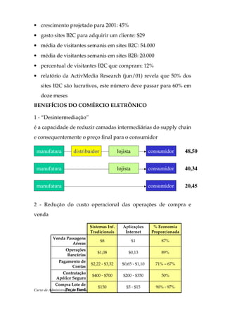 • crescimento projetado para 2001: 45%
• gasto sites B2C para adquirir um cliente: $29
• média de visitantes semanis em sites B2C: 54.000
• média de visitantes semanis em sites B2B: 20.000
• percentual de visitantes B2C que compram: 12%
• relatório da ActivMedia Research (jun/01) revela que 50% dos
    sites B2C são lucrativos, este número deve passar para 60% em
    doze meses
BENEFÍCIOS DO COMÉRCIO ELETRÔNICO

1 - “Desintermediação”
é a capacidade de reduzir camadas intermediárias do supply chain
e consequentemente o preço final para o consumidor

 manufatura             distribuidor               lojista           consumidor       48,50


 manufatura                                        lojista           consumidor       40,34


 manufatura                                                          consumidor       20,45


2 - Redução do custo operacional das operações de compra e
venda

                                  Sistemas Inf.       Aplicações       % Economia
                                  Tradicionais         Internet       Proporcionada
           Venda Passagens
                                        $8                   $1           87%
                    Aéreas
                   Operações
                                      $1,08              $0,13            89%
                   Bancárias
               Pagamento de
                                  $2,22 - $3,32      $0,65 - $1,10     71% – 67%
                    Contas
               Contratação
                                   $400 - $700        $200 - $350         50%
             Apólice Seguro
            Compra Lote de
                                        $150           $5 - $15         90% - 97%
                   Peças Ford
Curso de Administração de Sistemas de Informação                         Página: 77
 