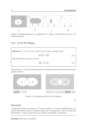 4 Probabilidade
ts
a) b) c) d)
AAA
A
BBB
SSSS
Ac
Figura 1.2: Representação do a) complemento, b) união, c) interseção de eventos, e d)
eventos disjuntos.
1.2.1 Lei de De Morgan.
Teorema 1.1. Se A e B são eventos em um espaço amostral então:
A + B = A B (1.1)
Equivalentemente, podemos escrever:
AB = A + B (1.2)
Demonstração. A lei de De Morgan pode ser facilmente demonstrada por meio de dia-
gramas de Venn:
AA BB
A + B A B A B
Figura 1.3: Demonstração da lei de De Morgan.
Observação
A aplicação repetida da equação (1.1) leva ao seguinte: se em uma identidade de con-
juntos substituimos todos os conjuntos pelos seus complementos, todas as uniões por
intersecções, e todas as intersecções por uniões, a identidade é preservada.
Exemplo 1.2. Seja a identidade
 