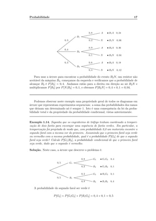 Probabilidade 17
......................................................................................................................................................................................................................................................................................................................................................................................................................
....................................................................................................................................................................................................................................
0, 3
0, 4
0, 3
B3
B2
B1
......................................................................................................................................................................................
......................................................................................................................................................................................
......................................................................................................................................................................................
......................................................................................................................................................................................
......................................................................................................................................................................................
......................................................................................................................................................................................0, 8
0, 2
0, 9
0, 1
0, 6
0, 4
A • B1A 0, 24
N • B1N 0, 06
A • B2A 0, 36
N • B2N 0, 04
A • B3A 0, 18
N • B3N 0, 12
Para usar a árvore para encontrar a probabilidade do evento B2N, um resistor não
aceitável da máquina B2, começamos da esquerda e veriﬁcamos que a probabilidade de
alcançar B2 é P[B2] = 0, 4. Andamos então para a direita em direção ao nó B2N e
multiplicamos P[B2] por P[N|B2] = 0, 1, e obtemos P[B2N] = 0, 4 × 0, 1 = 0, 04.
Podemos observar neste exemplo uma propriedade geral de todos os diagramas em
árvore que representam experimentos sequenciais: a soma das probabilidades dos ramos
que deixam um determinado nó é sempre 1. Isto é uma consequência da lei da proba-
bilidade total e da propriedade da probabilidade condicional, vistas anteriormente.
Exemplo 1.14. Suponha que os engenheiros de tráfego tenham coordenado a tempori-
zação de dois faróis para encorajar uma sequência de faróis verdes. Em particular, a
temporização foi projetada de modo que, com probabilidade 0,8 um motorista encontre o
segundo farol com a mesma cor do primeiro. Assumindo que o primeiro farol seja verde
ou vermelho com a mesma probabilidade, qual é a probabilidade P[G2] de que o segundo
farol seja verde? Calcule P[G1|R2], a probabilidade condicional de que o primeiro farol
seja verde, dado que o segundo é vermelho.
Solução. Neste caso, a árvore que descreve o problema é:
................................................................................................................................................................................................
................................................................................................................................................................................................
0, 5
0, 5
G1
R1
......................................................................................................................................................................................
......................................................................................................................................................................................
......................................................................................................................................................................................
......................................................................................................................................................................................
0, 8
0, 2
0, 2
0, 8
G2 • G1G2 0, 4
R2 • G1R2 0, 1
G2 • R1G2 0, 1
R2 • R1R2 0, 4
A probabilidade do segundo farol ser verde é
P[G2] = P[G1G2] + P[R1G2] = 0, 4 + 0, 1 = 0, 5
 