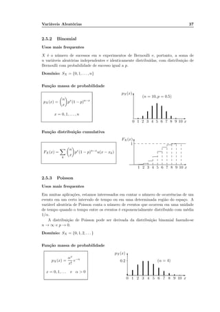 Variáveis Aleatórias 37
2.5.2 Binomial
Usos mais frequentes
X é o número de sucessos em n experimentos de Bernoulli e, portanto, a soma de
n variáveis aleatórias independentes e identicamente distribuídas, com distribuição de
Bernoulli com probabilidade de sucesso igual a p.
Domínio: SX = {0, 1, . . . , n}
Função massa de probabilidade
pX(x) =
n
x
px
(1 − p)n−x
x = 0, 1, . . . , n
x0 1 2 3 4 5 6 7 8 9 10
pX(x)
-
6 (n = 10, p = 0.5)
Função distribuição cumulativa
FX (x) =
k
n
x
px
(1 − p)n−x
u(x − xk)
x1 2 3 4 5 6 7 8 9 10
FX (x)
1
-
6
...................................................................................................
.................................
.................................
.................................
.................................
.................................
.................................
................................................................................................................ ............. ............. ............. ............. ............. ............. ............. ............. ............. ............. ............. .............
. .. ........
.............
.............
.............
....
.............
.............
.............
.............
.............
.............
.............
.............
.............
.............
.............
.............
.............
.............
..........
.............
.............
.............
.............
.............
.............
.............
.............
.............
.............
.............
.............
.............
.............
.............
.............
.............
.............
2.5.3 Poisson
Usos mais frequentes
Em muitas aplicações, estamos interessados em contar o número de ocorrências de um
evento em um certo intervalo de tempo ou em uma determinada região do espaço. A
variável aleatória de Poisson conta o número de eventos que ocorrem em uma unidade
de tempo quando o tempo entre os eventos é exponencialmente distribuído com média
1/α.
A distribuição de Poisson pode ser derivada da distribuição binomial fazendo-se
n → ∞ e p → 0.
Domínio: SX = {0, 1, 2, . . . }
Função massa de probabilidade
pX(x) =
αx
x!
e−α
x = 0, 1, . . . e α > 0
x0 1 2 3 4 5 6 7 8 9 10
pX(x)
0.2
-
6
(α = 4)
 