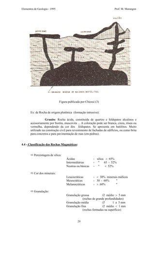 Elementos de Geologia - 1995 Prof. M. Marangon
Figura publicada por Chiossi (3)
Ex: de Rocha de origem plutônica (formação intrusiva):
Granito: Rocha ácida, constituída de quartzo e feldspatos alcalinos e
acessoriamente por biotita, muscovita ... A coloração pode ser branca, cinza, rósea ou
vermelha, dependendo da cor dos feldspatos. Se apresenta em batólitos. Muito
utilizado na construção civil para revestimento de fachadas de edifícios, ou como brita
para concretos e para pavimentação de ruas (em pedras).
4.4 - Classificação das Rochas Magmáticas:
Percentagem de sílica:
Ácidas - sílica > 65%
Intermediárias - " 65 - 52%
Neutras ou básicas - " < 52%
Cor dos minerais:
Leucocráticas - < 30% minerais máficos
Mesocráticas - 30 - 60% "
Melanocráticas - > 60% "
Granulação:
Granulação grossa ∅ médio > 5 mm
(rochas de grande profundidades)
Granulação média ∅ 1 a 5 mm
Granulação fina ∅ médio < 1 mm
(rochas formadas na superfície)
29
 