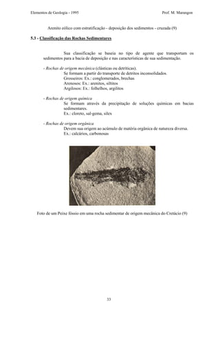Elementos de Geologia - 1995 Prof. M. Marangon
Arenito eólico com estratificação - deposição dos sedimentos - cruzada (9)
5.3 - Classificação das Rochas Sedimentares
Sua classificação se baseia no tipo de agente que transportam os
sedimentos para a bacia de deposição e nas características de sua sedimentação.
- Rochas de origem mecânica (clásticas ou detríticas).
Se formam a partir do transporte de detritos inconsolidados.
Grosseiros: Ex.: conglomerados, brechas
Arenosos: Ex.: arenitos, siltitos
Argilosos: Ex.: folhelhos, argilitos
- Rochas de origem química
Se formam através da precipitação de soluções químicas em bacias
sedimentares.
Ex.: cloreto, sal-gema, silex
- Rochas de origem orgânica
Devem sua origem ao acúmulo de matéria orgânica de natureza diversa.
Ex.: calcários, carbonosas
Foto de um Peixe fóssio em uma rocha sedimentar de origem mecânica do Cretácio (9)
33
 