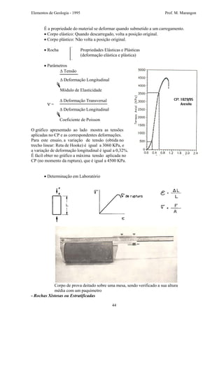 Elementos de Geologia - 1995 Prof. M. Marangon
É a propriedade do material se deformar quando submetido a um carregamento.
• Corpo elástico: Quando descarregado, volta a posição original.
• Corpo plástico: Não volta a posição original.
• Rocha Propriedades Elásticas e Plásticas
(deformação elástica e plástica)
• Parâmetros
∆ TensãoE =
∆ Deformação Longitudinal
Módulo de Elasticidade
∆ Deformação Transversal
∆ Deformação Longitudinal
ν =
Coeficiente de Poisson
O gráfico apresentado ao lado mostra as tensões
aplicadas no CP e as correspondentes deformações.
Para este ensaio, a variação de tensão (obtida no
trecho linear: Reta de Hooke) é igual a 3060 KPa, e
a variação de deformação longitudinal é igual a 0,32%.
É fácil obter no gráfico a máxima tensão aplicada no
CP (no momento da ruptura), que é igual a 4500 KPa.
• Determinação em Laboratório
Corpo de prova deitado sobre uma mesa, sendo verificado a sua altura
média com um paquímetro
- Rochas Xistosas ou Estratificadas
44
 