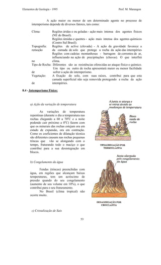 Elementos de Geologia - 1995 Prof. M. Marangon
A ação maior ou menor de um determinado agente no processo de
intemperismo depende de diversos fatores, tais como:
Clima: Regiões áridas e ou geladas - ação mais intensa dos agentes físicos
(NE do Brasil).
Regiões úmidas e quentes - ação mais intensa dos agentes químicos
(Centro Sul Brasil).
Topografia: Regiões de aclive (elevada) - A ação da gravidade favorece a
remoção da camada de solo que protege a rocha da ação das intempéries
Regiões com cadeias montanhosas - barragem de correntes de ar,
influenciando na ação de precipitações (chuvas). O que interfirá
no clima.
Tipo de Rocha: Diferentes são as resistências oferecidas ao ataque físico e químico.
Um tipo ou outro de rocha apresentará maior ou menor facilidade
de sofrer a ação do intemperismo.
Vegetação: A fixação do solo, com suas raízes, contribui para que esta
camada superficial não seja removida protegendo a rocha da ação
de intempéries.
8.4 - Intemperismo Físico:
b) Congelamento da água
Fendas (trincas) preenchidas com
água, em regiões que alcançam baixas
temperaturas, tem um acréscimo de
pressão quando do seu congelamento
(aumento de seu volume em 10%), o que
contribui para o seu fraturamento.
No Brasil (clima tropical) não
ocorre muito.
a) Ação da variação de temperatura
As variações de temperatura
repentinas (durante o dia a temperatura nas
rochas chegando a 60 a 70o
C e a noite
podendo cair próximo a 0o
C) fazem com
que os minerais das rochas estejam ora em
estado de expansão, ora em contração.
Como os coeficientes de dilatação técnica
são diferentes causam nas rochas pequenas
trincas que vão se alongando com o
tempo, fraturando todo o maciço o que
contribui para a sua desintegração em
blocos.
c) Cristalização de Sais
53
 