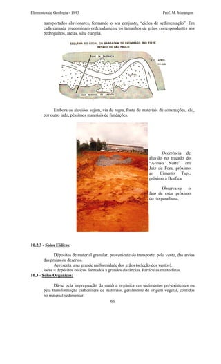 Elementos de Geologia - 1995 Prof. M. Marangon
transportados aluvionares, formando o seu conjunto, “ciclos de sedimentação”. Em
cada camada predominam ordenadamente os tamanhos de grãos correspondentes aos
pedregulhos, areias, silte e argila.
Embora os aluviões sejam, via de regra, fonte de materiais de construções, são,
por outro lado, péssimos materiais de fundações.
Ocorrência de
aluvião no traçado do
“Acesso Norte” em
Juiz de Fora, próximo
ao Cimento Tupi,
próximo à Benfica.
Observa-se o
fato de estar próximo
do rio paraibuna.
10.2.3 - Solos Eólicos:
Dépositos de material granular, proveniente do transporte, pelo vento, das areias
das praias ou desertos.
Apresenta uma grande uniformidade dos grãos (seleção dos ventos).
loess = depósitos eólicos formados a grandes distâncias. Partículas muito finas.
10.3 - Solos Orgânicos:
Dá-se pela impregnação da matéria orgânica em sedimentos pré-existentes ou
pela transformação carbonífera de materiais, geralmente de origem vegetal, contidos
no material sedimentar.
66
 