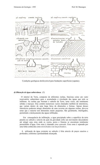 Elementos de Geologia - 1995 Prof. M. Marangon
Condições geológicas desfavorável para fundações superficiais (sapatas).
d) Obtenção de água subterrânea. (3)
O interior da Terra, composto de diferentes rochas, funciona como um vasto
reservatório subterrâneo para a acumulação e circulação das águas que nele se
infiltram. As rochas que formam o subsolo da Terra, raras vezes, são totalmente
sólidas e maciças. Elas contêm numerosos vazios chamados também de interstícios,
que variam dentro de uma larga faixa de dimensões e formas. Apesar desses
interstícios poderem atingir dimensões de uma caverna em algumas rochas, deve-se
notar que a maioria tem dimensões muito pequenas. São geralmente, interligados,
permitindo o deslocamento das águas infiltradas.
Em consequência da infiltração, a água precipitada sobre a superfície da terra
penetra no subsolo e através da ação da gravidade sofre um movimento descendente
até atingir uma zona onde os vazios, poros e fraturas se encontram totalmente
preenchidos d’água. Esta zona é chamada zona saturada. Essa zona é separada por
uma linha conhecida como nível freático ou lençol freático.
A utilização da água existente no subsolo é feita através de poços caseiros e
profundos, conforme a profundidade alcançada.
9
 