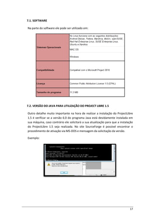 17
7.1. SOFTWARE
Na parte do software ele pode ser utilizado em:
7.2. VERSÃO DO JAVA PARA UTILIZAÇÃO DO PROJECT LIBRE 1.5
Outro detalhe muito importante na hora de realizar a instalação do ProjectLibre
1.5 é verificar se a versão 6.0 do programa Java está devidamente instalada em
sua máquina, caso contrário ele solicitará a sua atualização para que a instalação
do ProjectLibre 1.5 seja realizada. No site SourceForge é possível encontrar o
procedimento de ativação via MS-DOS e mensagem da solicitação da versão.
Exemplo:
 