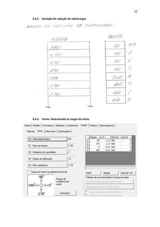 12
2.6.2. Exemplo de redução de sobrecargas
2.6.3. Vento: Relacionado as cargas de vento
 