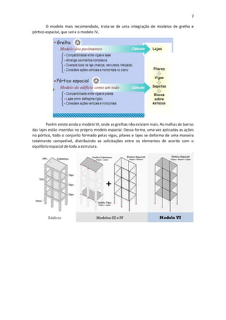 7
O modelo mais recomendado, trata-se de uma integração de modelos de grelha e
pórtico espacial, que seria o modelo IV.
Porém existe ainda o modelo VI, onde as grelhas não existem mais. As malhas de barras
das lajes estão inseridas no próprio modelo espacial. Dessa forma, uma vez aplicadas as ações
no pórtico, todo o conjunto formado pelas vigas, pilares e lajes se deforma de uma maneira
totalmente compatível, distribuindo as solicitações entre os elementos de acordo com o
equilíbrio espacial de toda a estrutura.
 