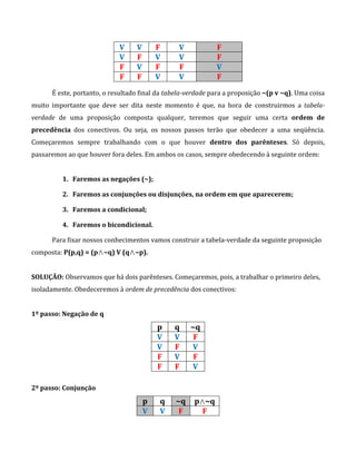 V V F V F
V F V V F
F V F F V
F F V V F
É este, portanto, o resultado final da tabela-verdade para a proposição ~(p v ~q). Uma coisa
muito importante que deve ser dita neste momento é que, na hora de construirmos a tabela-
verdade de uma proposição composta qualquer, teremos que seguir uma certa ordem de
precedência dos conectivos. Ou seja, os nossos passos terão que obedecer a uma seqüência.
Começaremos sempre trabalhando com o que houver dentro dos parênteses. Só depois,
passaremos ao que houver fora deles. Em ambos os casos, sempre obedecendo à seguinte ordem:
1. Faremos as negações (~);
2. Faremos as conjunções ou disjunções, na ordem em que aparecerem;
3. Faremos a condicional;
4. Faremos o bicondicional.
Para fixar nossos conhecimentos vamos construir a tabela-verdade da seguinte proposição
composta: P(p,q) = (p∧~q) V (q∧~p).
SOLUÇÃO: Observamos que há dois parênteses. Começaremos, pois, a trabalhar o primeiro deles,
isoladamente. Obedeceremos à ordem de precedência dos conectivos:
1º passo: Negação de q
p q ~q
V V F
V F V
F V F
F F V
2º passo: Conjunção
p q ~q p∧~q
V V F F
 