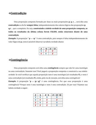 Contradição
Uma proposição composta formada por duas ou mais proposições p, q, r, ... será dita uma
contradição se ela for sempre falsa, independentemente dos valores lógicos das proposições p,
q,r ... que a compõem. Ou seja, construindo a tabela-verdade de uma proposição composta, se
todos os resultados da última coluna forem FALSOS, então estaremos diante de uma
contradição.
Exemplo: A proposição “ p ↔ ~p ” é uma contradição, pois sempre é falsa independentemente do
valor lógico de p, como é possível observar na tabela-verdade abaixo:
p ~p p ↔ ~p
V F F
F V F
Contingência
Uma proposição composta será dita uma contingência sempre que não for uma tautologia
ou uma contradição. Somente isso! Você pegará a proposição composta e construirá a sua tabela-
verdade. Se você verificar que aquela proposição nem é uma tautologia (só resultados V), e nem é
uma contradição (só resultados F), então, pela via de exceção, será dita uma contingência!
Exemplo: A proposição “p ↔ (p∧q)” é uma contingência. Por que essa proposição é uma
contingência? Porque nem é uma tautologia e nem é uma contradição. Só por isso! Vejamos sua
tabela-verdade a seguir.
p q p∧q p ↔ (p∧q)
V V V V
V F F F
F V F V
F F F V
 