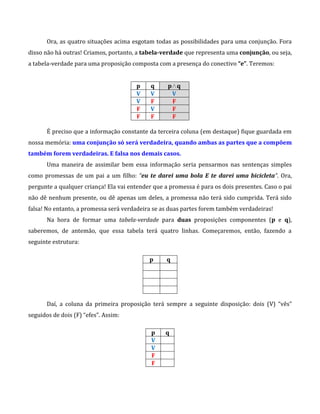 Ora, as quatro situações acima esgotam todas as possibilidades para uma conjunção. Fora
disso não há outras! Criamos, portanto, a tabela-verdade que representa uma conjunção, ou seja,
a tabela-verdade para uma proposição composta com a presença do conectivo “e”. Teremos:
p q p∧q
V V V
V F F
F V F
F F F
É preciso que a informação constante da terceira coluna (em destaque) fique guardada em
nossa memória: uma conjunção só será verdadeira, quando ambas as partes que a compõem
também forem verdadeiras. E falsa nos demais casos.
Uma maneira de assimilar bem essa informação seria pensarmos nas sentenças simples
como promessas de um pai a um filho: “eu te darei uma bola E te darei uma bicicleta”. Ora,
pergunte a qualquer criança! Ela vai entender que a promessa é para os dois presentes. Caso o pai
não dê nenhum presente, ou dê apenas um deles, a promessa não terá sido cumprida. Terá sido
falsa! No entanto, a promessa será verdadeira se as duas partes forem também verdadeiras!
Na hora de formar uma tabela-verdade para duas proposições componentes (p e q),
saberemos, de antemão, que essa tabela terá quatro linhas. Começaremos, então, fazendo a
seguinte estrutura:
p q
Daí, a coluna da primeira proposição terá sempre a seguinte disposição: dois (V) “vês”
seguidos de dois (F) “efes”. Assim:
p q
V
V
F
F
 