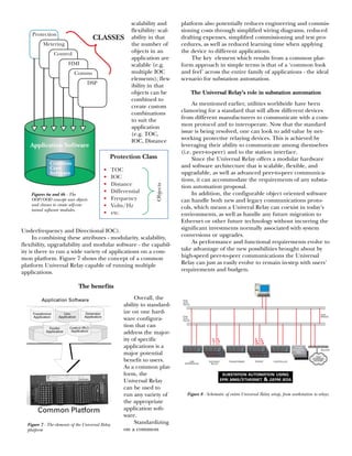 scalability and
flexibility: scal-
ability in that
the number of
objects in an
application are
scalable (e.g.
multiple IOC
elements); flex-
ibility in that
objects can be
combined to
create custom
combinations
to suit the
application
(e.g. TOC,
IOC, Distance
Underfrequency and Directional IOC).
In combining these attributes - modularity, scalability,
flexibility, upgradability and modular software - the capabil-
ity is there to run a wide variety of applications on a com-
mon platform. Figure 7 shows the concept of a common
platform Universal Relay capable of running multiple
applications.
The benefits
Overall, the
ability to standard-
ize on one hard-
ware configura-
tion that can
address the major-
ity of specific
applications is a
major potential
benefit to users.
As a common plat-
form, the
Universal Relay
can be used to
run any variety of
the appropriate
application soft-
ware.
Standardizing
on a common
platform also potentially reduces engineering and commis-
sioning costs through simplified wiring diagrams, reduced
drafting expenses, simplified commissioning and test pro-
cedures, as well as reduced learning time when applying
the device to different applications.
The key element which results from a common plat-
form approach in simple terms is that of a ‘common look
and feel’ across the entire family of applications - the ideal
scenario for substation automation.
The Universal Relay’s role in substation automation
As mentioned earlier, utilities worldwide have been
clamoring for a standard that will allow different devices
from different manufacturers to communicate with a com-
mon protocol and to interoperate. Now that the standard
issue is being resolved, one can look to add value by net-
working protective relaying devices. This is achieved by
leveraging their ability to communicate among themselves
(i.e. peer-to-peer) and to the station interface.
Since the Universal Relay offers a modular hardware
and software architecture that is scalable, flexible, and
upgradable, as well as advanced peer-to-peer communica-
tions, it can accommodate the requirements of any substa-
tion automation proposal.
In addition, the configurable object oriented software
can handle both new and legacy communications proto-
cols, which means a Univeral Relay can coexist in today’s
environments, as well as handle any future migration to
Ethernet or other future technology without incurring the
significant investments normally associated with system
conversions or upgrades.
As performance and functional requirements evolve to
take advantage of the new possibilities brought about by
high-speed peer-to-peer communications the Universal
Relay can just as easily evolve to remain in-step with users’
requirements and budgets.
Fiber
Optic
Hub #1
Fiber
Optic
Hub #2
DISTANCE
RELAY
LINE
DIFFERENTIAL
TRANSFORMER FEEDER CONTROLLER
ROUTER
HUB
BRIDGE
OTHER
VENDORS
IEDs
WAN
ENTERPRISE
NETWORK
Figure 8 - Schematic of entire Universal Relay setup, from workstation to relays.
Protection
Metering
Control
HMI
Comms
DSP
CLASSES
Application Software
Common
Core
Software
• TOC
• IOC
• Distance
• Differential
• Frequency
• Volts/Hz
• etc.
Protection ClassObjects
Figures 6a and 6b - The
OOP/OOD concept uses objects
and classes to create self-con-
tained software modules.
Figure 7 - The elements of the Universal Relay
platform
SUBSTATION AUTOMATION USING
EPRI MMS/ETHERNET & GEPM IEDS
 