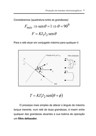 Proteção em sistemas eletroenergéticos 26
Consideremos (quadratura entre as grandezas):
Para o relé atuar em conjugado máximo para qualquer q:
I2
I1
I1
’
Ref.
Posição de I2 p/ Cmáx
+C
-C
q
f
t
I2
I1
I1
’
Filtro defasador
O processo mais simples de alterar o ângulo de máximo
torque inerente, num relé de duas grandezas, é inserir entre
qualquer das grandezas atuantes e sua bobina de operação
um filtro defasador.
0
901sen =Þ=Þ qqmáxF
qsen21IKIF =
( )fq +¢= sen21IIKT
 