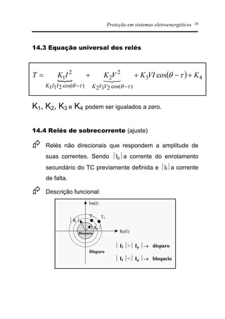 Proteção em sistemas eletroenergéticos 28
14.3 Equação universal dos relés
K1, K2, K3 e K4 podem ser igualados a zero.
14.4 Relés de sobrecorrente (ajuste)
Æ Relés não direcionais que respondem a amplitude de
suas correntes. Sendo ½Ip½a corrente do enrolamento
secundário do TC previamente definida e ½If½a corrente
de falta.
Æ Descrição funcional:
Bloqueio
Disparo
T1 T2
½ Ip ½
½ If ½
½ If ½>½ Ip ½® disparo
½ If ½<½ Ip ½® bloqueio
Re(I)
Im(I)
{
( ) 43
)cos(212
2
2
)cos(211
2
1 cos KVIKVKIKT
VVKIIK
+-++=
--
tq
tqtq
321
 