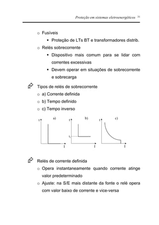 Proteção em sistemas eletroenergéticos 31
o Fusíveis
§ Proteção de LTs BT e transformadores distrib.
o Relés sobrecorrente
§ Dispositivo mais comum para se lidar com
correntes excessivas
§ Devem operar em situações de sobrecorrente
e sobrecarga
Æ Tipos de relés de sobrecorrente
o a) Corrente definida
o b) Tempo definido
o c) Tempo inverso
Æ Relés de corrente definida
o Opera instantaneamente quando corrente atinge
valor predeterminado
o Ajuste: na S/E mais distante da fonte o relé opera
com valor baixo de corrente e vice-versa
t
I
t
I
t
I
t1
a) b) c)
 