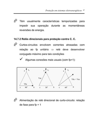 Proteção em sistemas eletroenergéticos 47
Æ Têm usualmente características temporizadas para
impedir sua operação durante as momentâneas
reversões de energia.
14.7.2 Relés direcionais para proteção contra C. C.
Æ Curtos-circuitos envolvem correntes atrasadas com
relação ao fp unitário Þ relé deve desenvolver
conjugado máximo para tais condições
ü Algumas conexões mais usuais (com fp=1):
Ia Ia Iaa a a
c c cb b b90o
60o
30o
Vbc
Vac
Vbc + Vac
Æ Alimentação de relé direcional de curto-circuito: relação
de fase para fp = 1
 